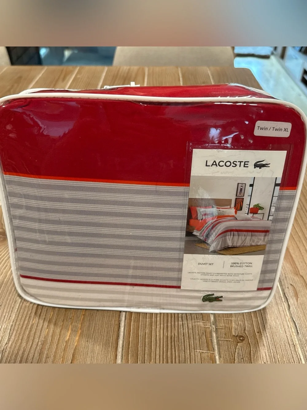 Lacoste Sirocco Twin XL Duvet Set Red Stripe Archival Collection Open Box